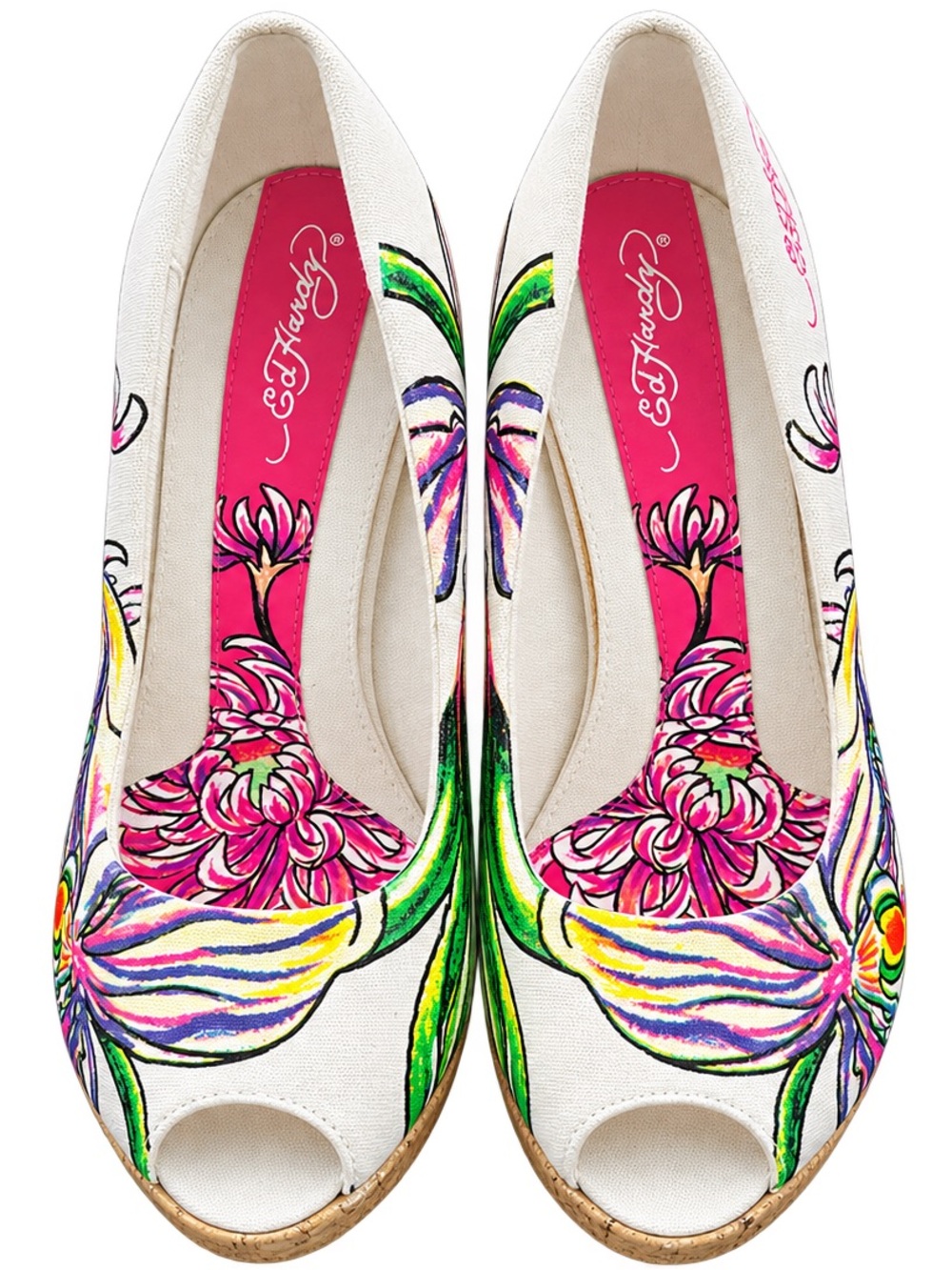 Ed Hardy White Canvas Peep-Toe Wedges with Pink Floral Art